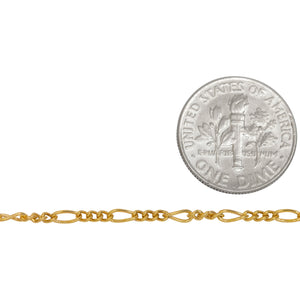 14kt Gold Filled Three of 1.7mm Width by 2.5mm Length Links Followed by 1.7mm Width by 4.6mm Length Long Link, Figaro Chain. Price per: 1 Foot.