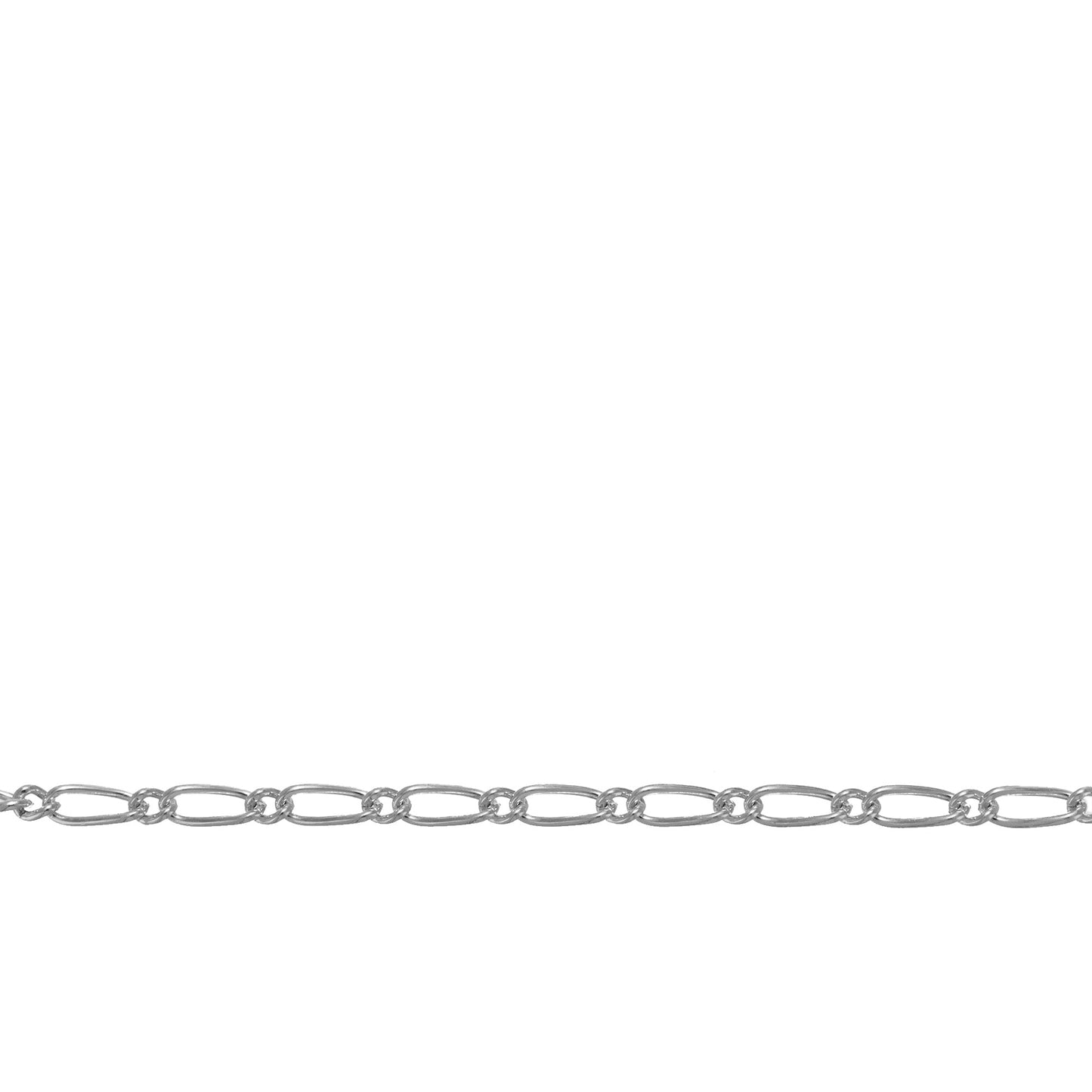 Chain by Foot. Sterling Silver 1.7mm Width by 3.5mm Length Smooth Oval Curb Link Connected By 1.3mm Width by 1.7mm Length Circle Link, Figaro Chain. Price per: 1 Foot.