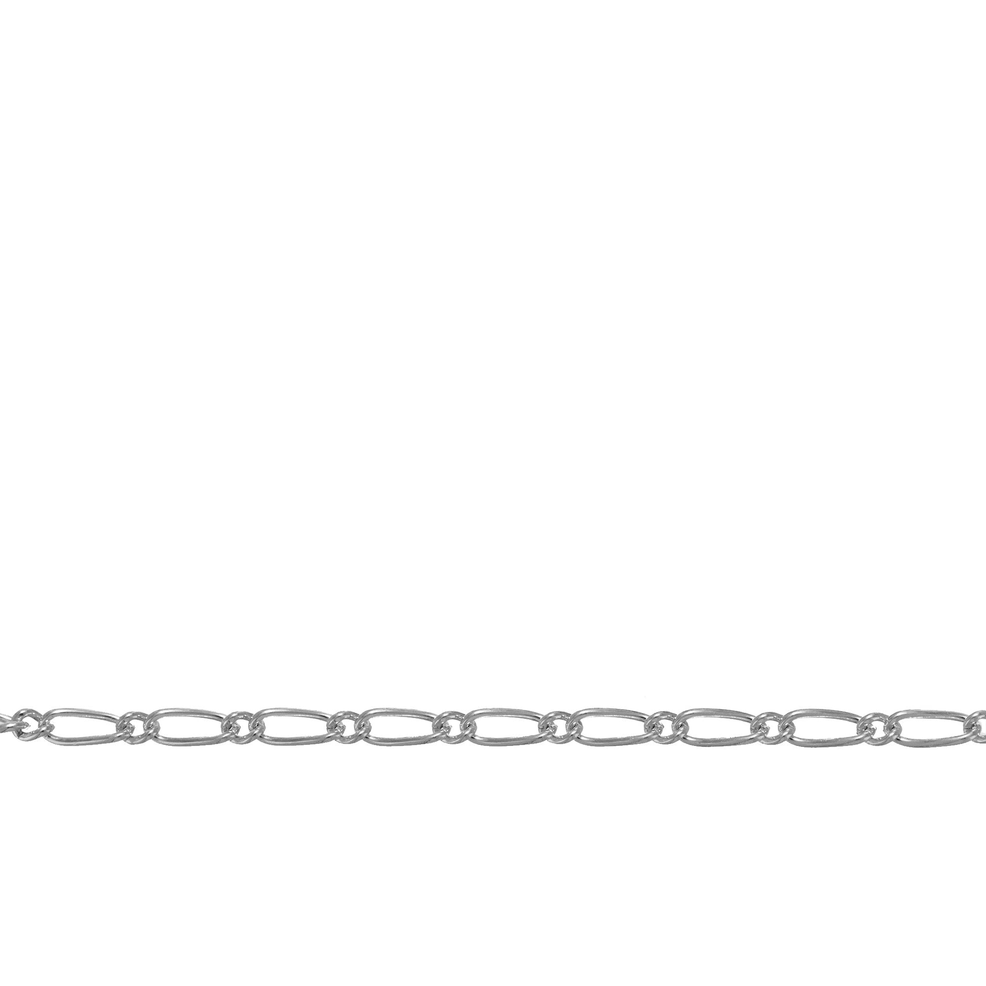 Chain by Foot. Sterling Silver 1.7mm Width by 3.5mm Length Smooth Oval Curb Link Connected By 1.3mm Width by 1.7mm Length Circle Link, Figaro Chain. Price per: 1 Foot.