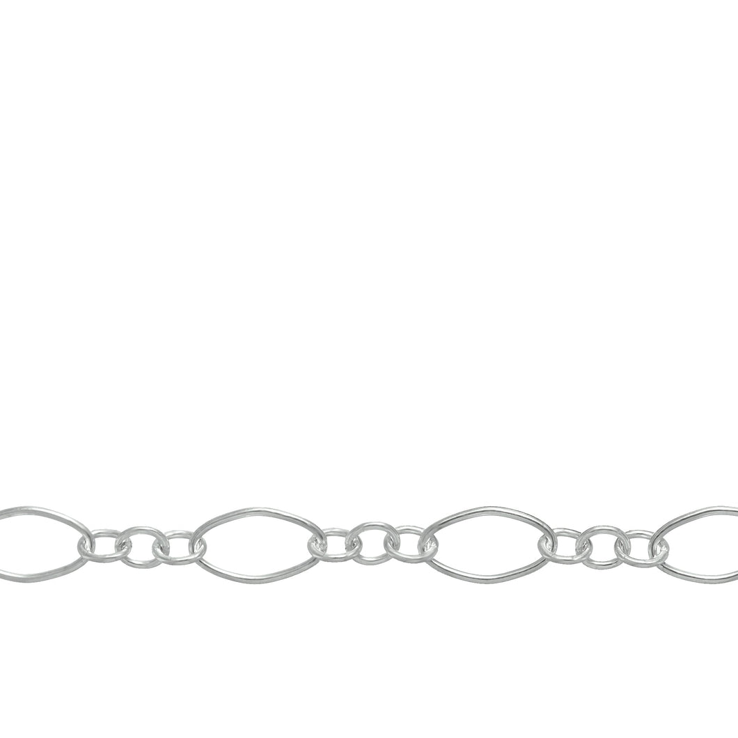 Chain by Foot. Sterling Silver Three of 2.59mm Width by 2.85mm Length Smaller Oval Links Followed by 4.27mm Width by 7.4mm Length Larger Oval Link, Smooth Long and Short Chain. Price per: 1 Foot.