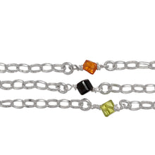 Load image into Gallery viewer, Sterling Silver 2.5mm Width by 3.5mm Length Oval Rolo Chain With Lime Green, Orange and Black CZ Cube Beads. Price per: 1 Inch.
