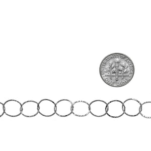 Sterling Silver 9.5mm Width by 10.5mm Length, Flat Hammered Circle Chain. Price per: 1 Foot.