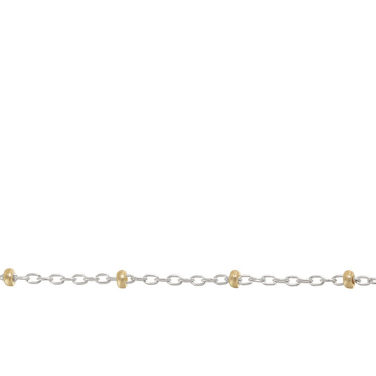 Chain by Foot. Sterling Silver 2 Tone, 1.1mm Width by 1.8mm Length Cable Chain With 1.8mm 14Kt Gold Filled Roundel Beads, Satellite Chain. Price per: 1 Foot.