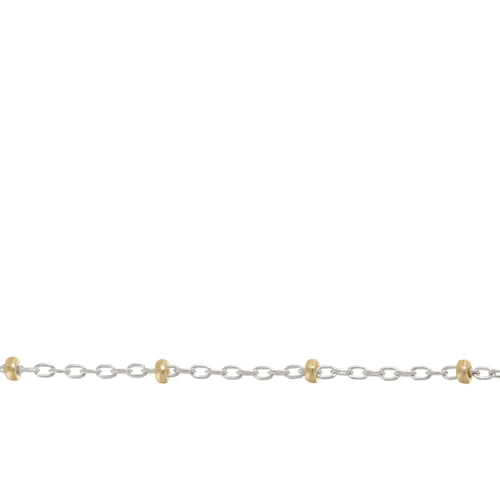 Chain by Foot. Sterling Silver 2 Tone, 1.1mm Width by 1.8mm Length Cable Chain With 1.8mm 14Kt Gold Filled Roundel Beads, Satellite Chain. Price per: 1 Foot.