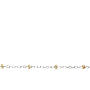 Chain by Foot. Sterling Silver 2 Tone, 1.1mm Width by 1.8mm Length Cable Chain With 1.8mm 14Kt Gold Filled Roundel Beads, Satellite Chain. Price per: 1 Foot.