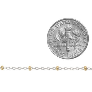 Sterling Silver 2 Tone, 1.1mm Width by 1.8mm Length Cable Chain With 1.8mm 14Kt Gold Filled Roundel Beads, Satellite Chain. Price per: 1 Foot.