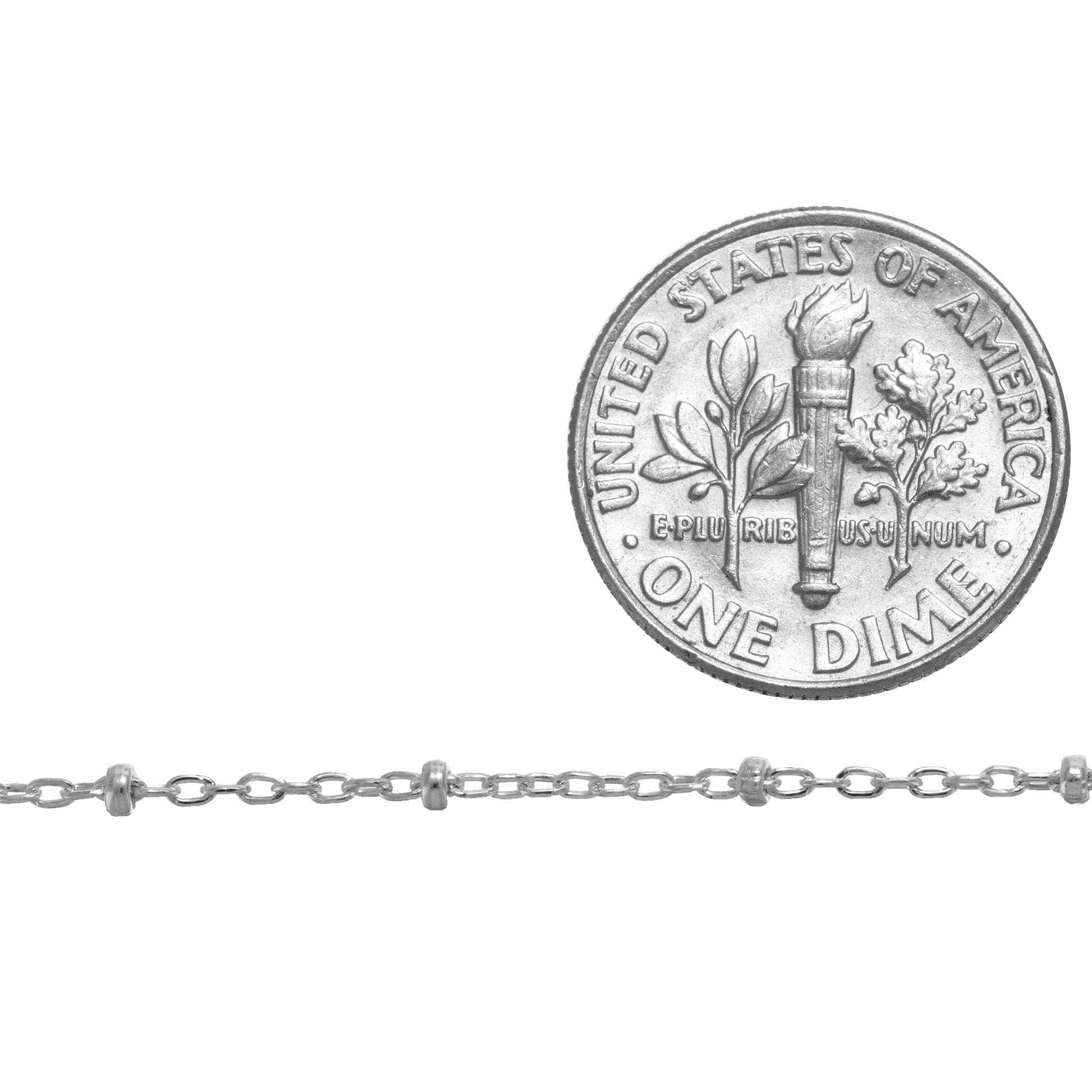 Chain by Foot. Sterling Silver 2 Tone, 1.1mm Width by 1.8mm Length Cable Chain With 1.8mm Sterling Silver Roundel Beads, Satellite Chain. Price per: 1 Foot.