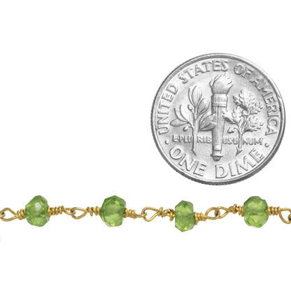 Brass Gold Plated / Vermeil 4.0mm Green Peridot Gem Stone Chain. Price per: 1 Inch.