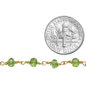 Brass Gold Plated / Vermeil 4.0mm Green Peridot Gem Stone Chain. Price per: 1 Inch.