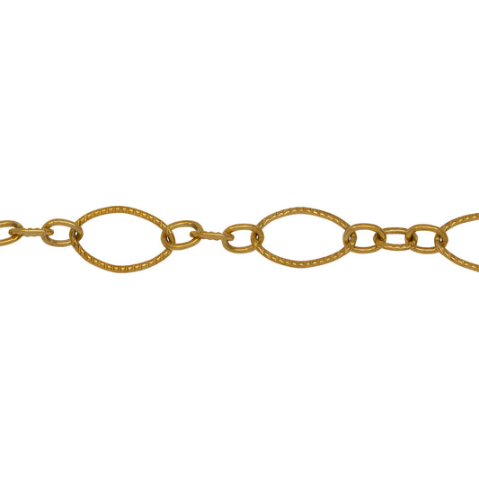 Chain by Foot. 14kt Gold Filled One of 7.1mm Width by 10.8mm Length, Longer Corrugated Oval Link Connected to Three of 3.57mm Width by 4.67mm Length, Smaller Oval Links with Middle Smaller Oval Link being Corrugated, Long and Short Chain. Price Per: 1 Foot.