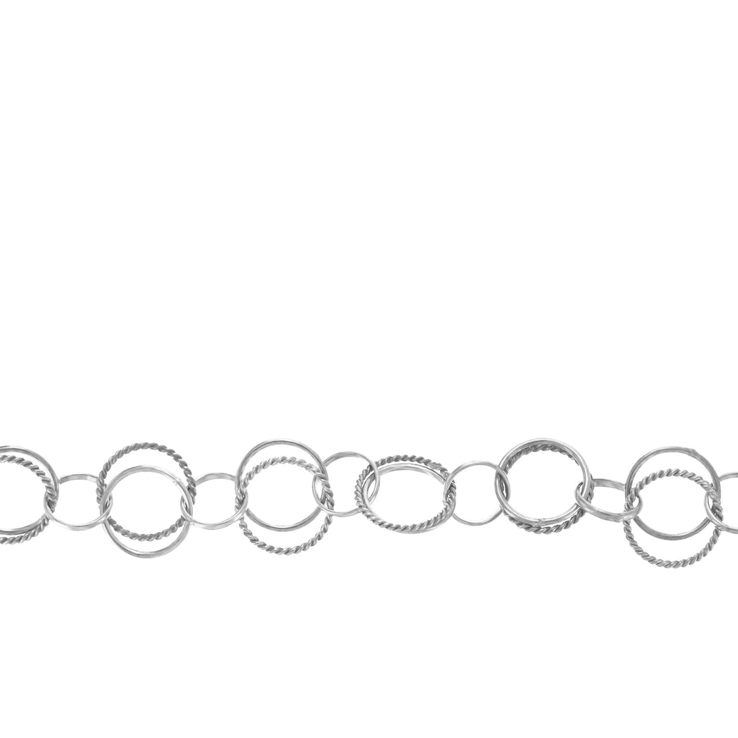 Chain by Foot. Sterling Silver Oxidized Double Link, 10.0mm Width / Length Plain Circle Link and 11.0mm Twisted Circle Link Followed by 7.0mm Width / Length Round Rolo Link, Circle Chain. Price per: 1 Foot.