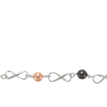 Load image into Gallery viewer, Chain by Foot. Sterling Silver 6.0mm Width by 14.8mm Length, Figure 8 Chain With Alternating Wire Wrapped 6.0mm Peach and Grey Swarovski Pearls connected to the Figure 8 Link With a 4.0mm Open ring, Figure 8 Chain. Price per: 1 Inch.
