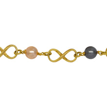 Load image into Gallery viewer, Chain by Foot. 14kt Gold Filled 6.0mm Width by 14.8mm Length, Figure 8 Chain With Alternating Wire Wrapped 6.0mm Peach and Grey Swarovski Pearls connected to the Figure 8 Link With a 4.0mm Open ring, Figure 8 Chain. Price per: 1 Inch.
