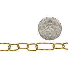 Load image into Gallery viewer, 14kt Gold Filled Three of 6.0mm Width by 9.0mm Length Followed by One of 6.0mm Width by 15.0mm Length, Rectangular Twisted Long and Short Chain. Price per: 1 Foot.
