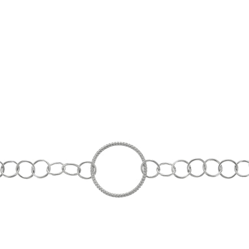 Chain by Foot. Sterling Silver 15.0mm Width / Length Textured Circle Link Connected to 5.3mm Width / Length Cirlce Links, Circle Chain. Price per: 1 Foot.