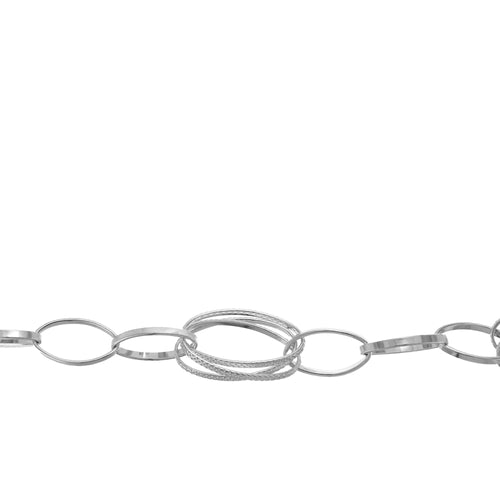 Chain by Foot. Sterling Silver 10.0mm Width by 19.2mm Length, Triple Textured Oval Links Followed by Three Plain Oval Links 7.5mm Width by 13.9mm Length, Fancy Chain. Price per: 1 Foot.