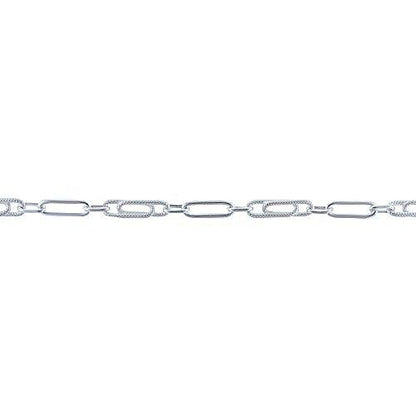 Sterling Silver One 5.0mm Width by 13.0mm Length Smooth Elongated Link Connected to 4.0mm width by 7.0mm length Smooth Oval Links Followed by 5.5mm Width by 18.0mm Length Textured Paper Clip Link, Long and Short Chain. Price per: 1 Foot.