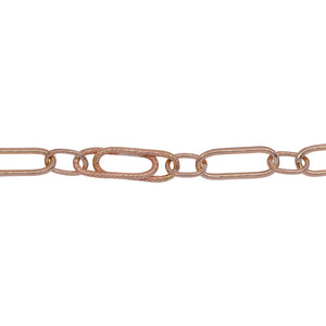 14kt Gold Filled - Rose Gold One 5.0mm Width by 13.0mm Length Smooth Elongated Link Connected to 4.0mm width by 7.0mm length Smooth Oval Links Followed by 5.5mm Width by 18.0mm Length Textured Paper Clip Link, Long and Short Chain. Price per: 1 Foot.