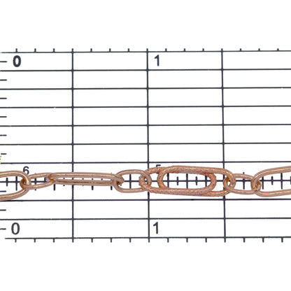 14kt Gold Filled - Rose Gold One 5.0mm Width by 13.0mm Length Smooth Elongated Link Connected to 4.0mm width by 7.0mm length Smooth Oval Links Followed by 5.5mm Width by 18.0mm Length Textured Paper Clip Link, Long and Short Chain. Price per: 1 Foot.