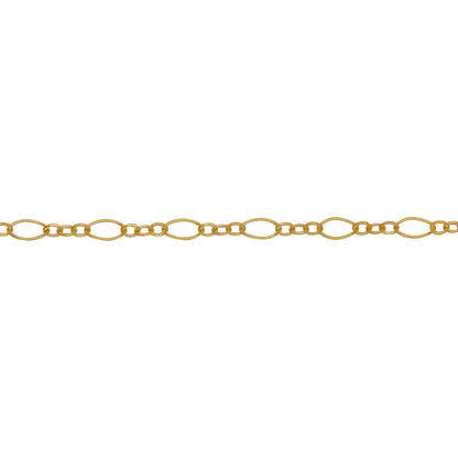 Chain by Foot. 14kt Gold Filled One 2.6mm Width by 4.4mm Length Longer Smooth Dimond Shaped Link Followed by Three of 1.6mm width by 2.0mm Length Smaller Smooth Oval Links, Long and Short Chain. Price per: 1 Foot.