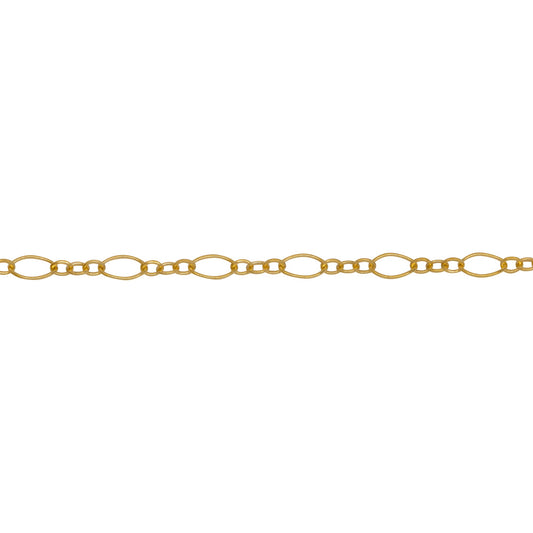 Chain by Foot. 14kt Gold Filled One 2.6mm Width by 4.4mm Length Longer Smooth Dimond Shaped Link Followed by Three of 1.6mm width by 2.0mm Length Smaller Smooth Oval Links, Long and Short Chain. Price per: 1 Foot.
