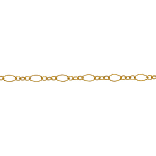 Chain by Foot. 14kt Gold Filled One 2.6mm Width by 4.4mm Length Longer Smooth Dimond Shaped Link Followed by Three of 1.6mm width by 2.0mm Length Smaller Smooth Oval Links, Long and Short Chain. Price per: 1 Foot.