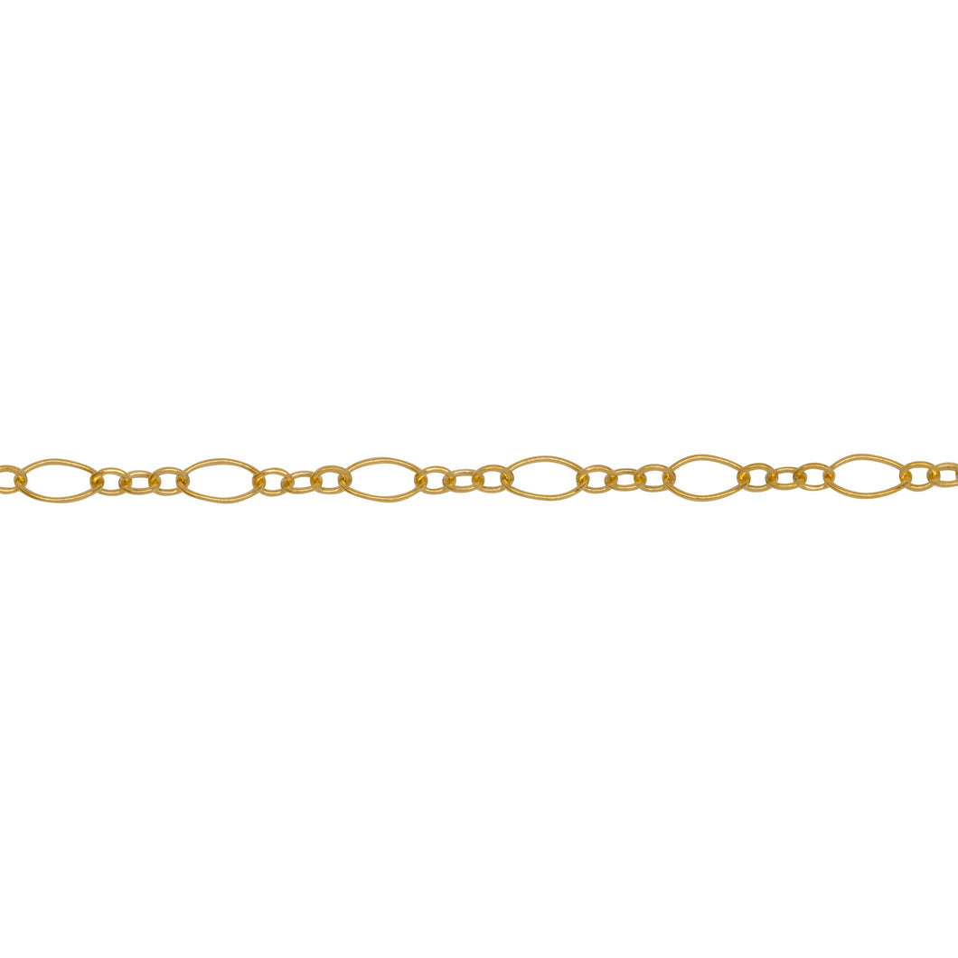 Chain by Foot. 14kt Gold Filled One 2.6mm Width by 4.4mm Length Longer Smooth Dimond Shaped Link Followed by Three of 1.6mm width by 2.0mm Length Smaller Smooth Oval Links, Long and Short Chain. Price per: 1 Foot.
