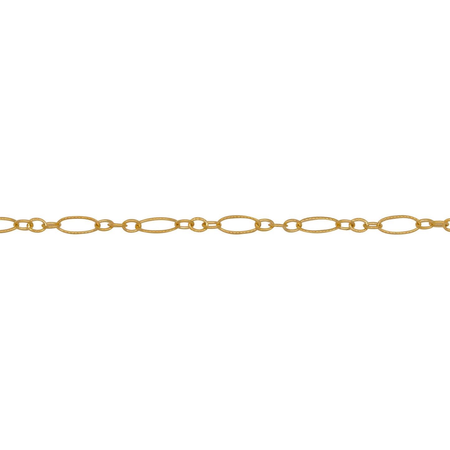 Chain by Foot. 14kt Gold Filled One of 2.5mm Width by 5.0mm Length, Longer Corrugated Oval Link Connected to Three of 1.5mm Width by 2.0mm Length, Smaller Oval Links with Middle Smaller Oval Link being Corrugated, Long and Short Chain. Price Per: 1 Foot.
