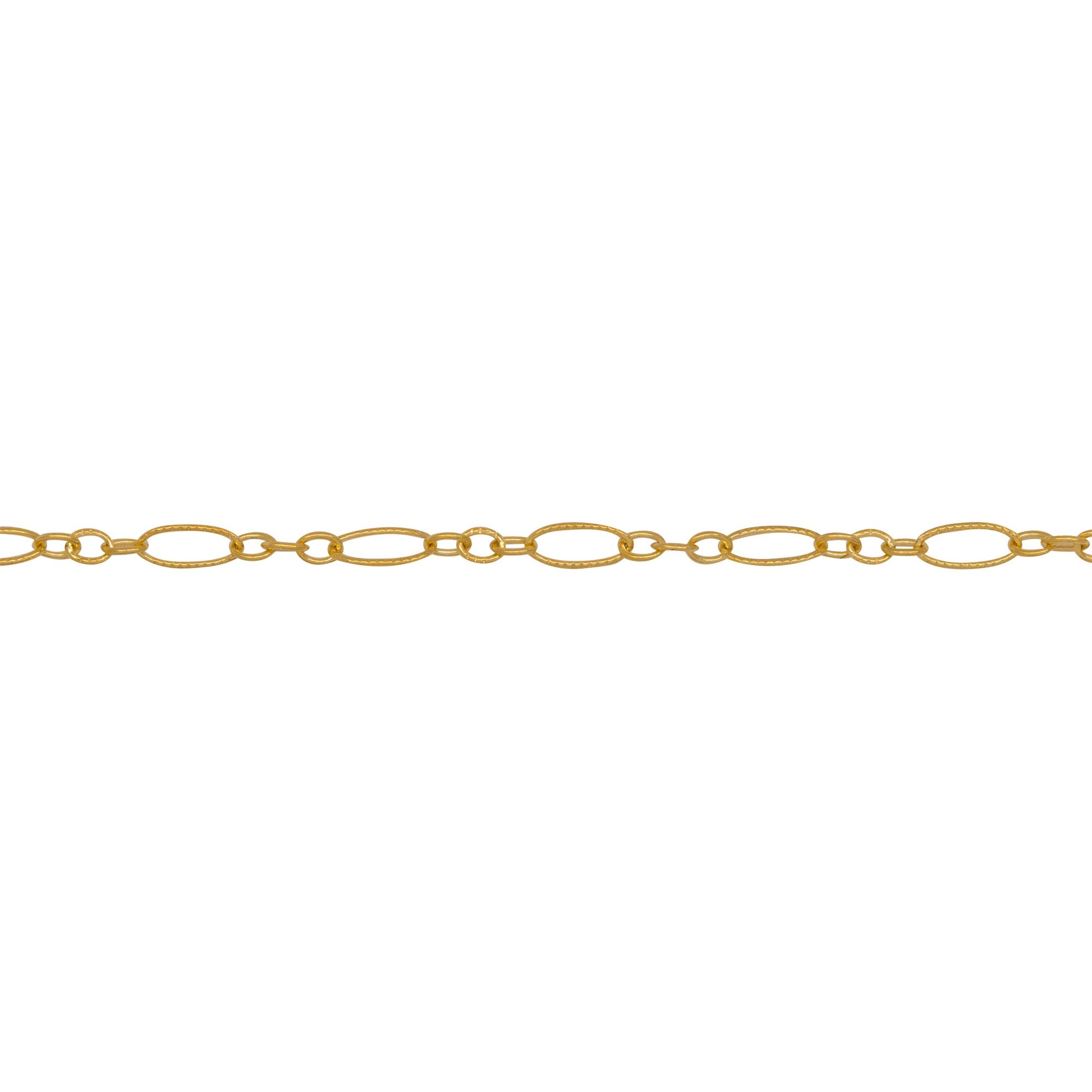 Chain by Foot. 14kt Gold Filled One of 2.5mm Width by 5.0mm Length, Longer Corrugated Oval Link Connected to Three of 1.5mm Width by 2.0mm Length, Smaller Oval Links with Middle Smaller Oval Link being Corrugated, Long and Short Chain. Price Per: 1 Foot.