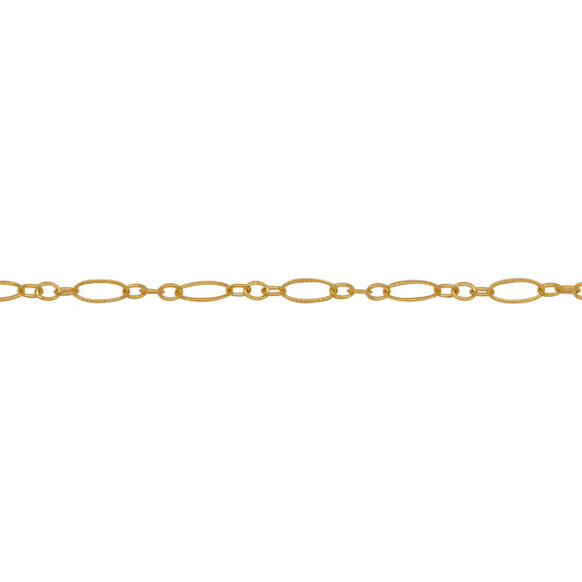 Chain by Foot. 14kt Gold Filled One of 2.5mm Width by 5.0mm Length, Longer Corrugated Oval Link Connected to Three of 1.5mm Width by 2.0mm Length, Smaller Oval Links with Middle Smaller Oval Link being Corrugated, Long and Short Chain. Price Per: 1 Foot.