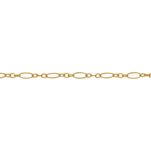 Chain by Foot. 14kt Gold Filled One of 2.5mm Width by 5.0mm Length, Longer Corrugated Oval Link Connected to Three of 1.5mm Width by 2.0mm Length, Smaller Oval Links with Middle Smaller Oval Link being Corrugated, Long and Short Chain. Price Per: 1 Foot.