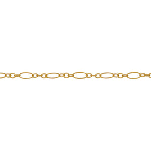 Chain by Foot. 14kt Gold Filled One of 2.5mm Width by 5.0mm Length, Longer Corrugated Oval Link Connected to Three of 1.5mm Width by 2.0mm Length, Smaller Oval Links with Middle Smaller Oval Link being Corrugated, Long and Short Chain. Price Per: 1 Foot.