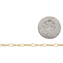 Load image into Gallery viewer, 14kt Gold Filled One of 2.5mm Width by 5.0mm Length, Longer Corrugated Oval Link Connected to Three of 1.5mm Width by 2.0mm Length, Smaller Oval Links with Middle Smaller Oval Link being Corrugated, Long and Short Chain. Price Per: 1 Foot.
