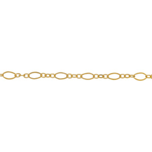 Chain by Foot. 14kt Gold Filled One of 2.1mm Width by 4.7mm Length, larger Flat Oval Link connected to Three of 1.7mm Width by 2.0mm Length Smooth Oval Links with Middle link being Flat, Long and Short Chain. Price per: 1 Foot.