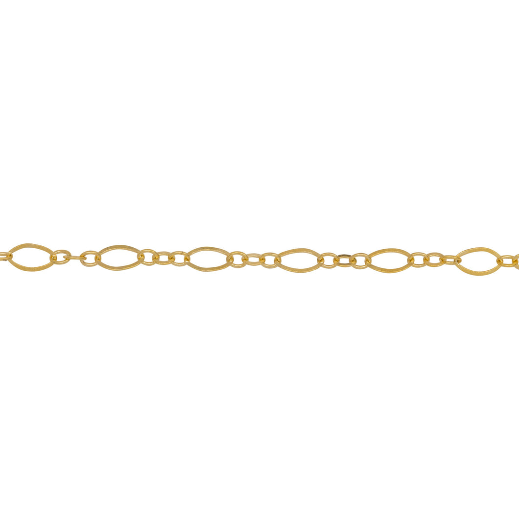 Chain by Foot. 14kt Gold Filled One of 2.1mm Width by 4.7mm Length, larger Flat Oval Link connected to Three of 1.7mm Width by 2.0mm Length Smooth Oval Links with Middle link being Flat, Long and Short Chain. Price per: 1 Foot.