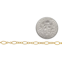 Load image into Gallery viewer, 14kt Gold Filled One of 2.1mm Width by 4.7mm Length, larger Flat Oval Link connected to Three of 1.7mm Width by 2.0mm Length Smooth Oval Links with Middle link being Flat, Long and Short Chain. Price per: 1 Foot.
