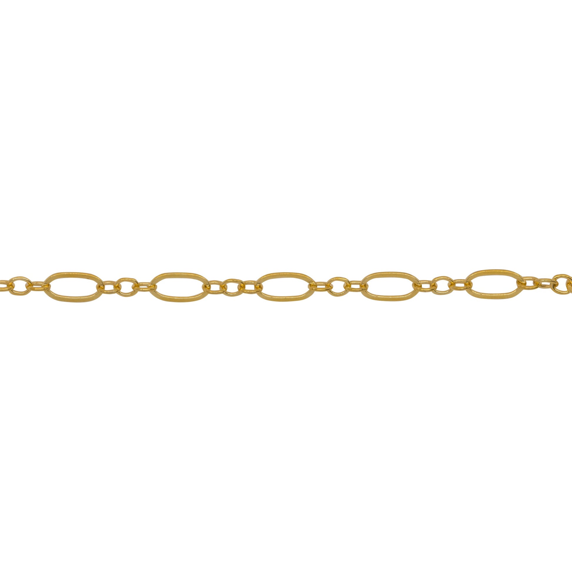 Chain by Foot. 14kt Gold Filled 2.4mm Width by 5.4mm Length, Flat Oval Link follwed by Three of 1.8mm Width by 2.1mm Length Smooth Oval Links, Long and Short Chain. Price per: 1 Foot.