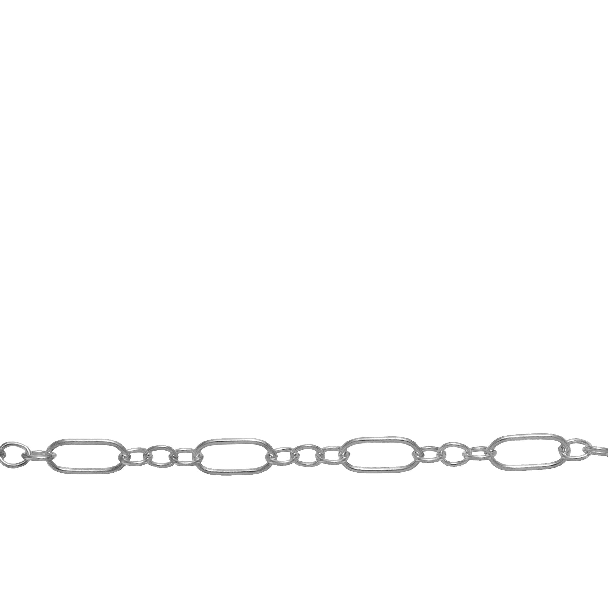 Chain by Foot. Sterling Silver 2.5mm Width by 5.3mm Length Larger Oval Link follwed by Three 1.8mm Width by 2.0mm Length Smaller Oval Links, Long and Short Chain. Price per: 1 Foot.