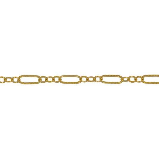 Chain by Foot. 14kt Gold Filled 2.5mm Width by 6.0mm Length Corrugated Larger Oval Link Connected to Three of 1.5mm Width by 2.0mm Length Smaller Oval Links with Middle Link being Corrugated Link, Long and Short Chain. Price per: 1 Foot.