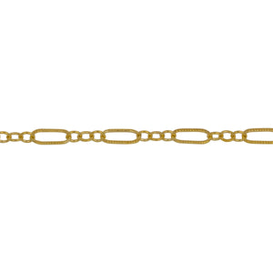 Chain by Foot. 14kt Gold Filled 2.5mm Width by 6.0mm Length Corrugated Larger Oval Link Connected to Three of 1.5mm Width by 2.0mm Length Smaller Oval Links with Middle Link being Corrugated Link, Long and Short Chain. Price per: 1 Foot.