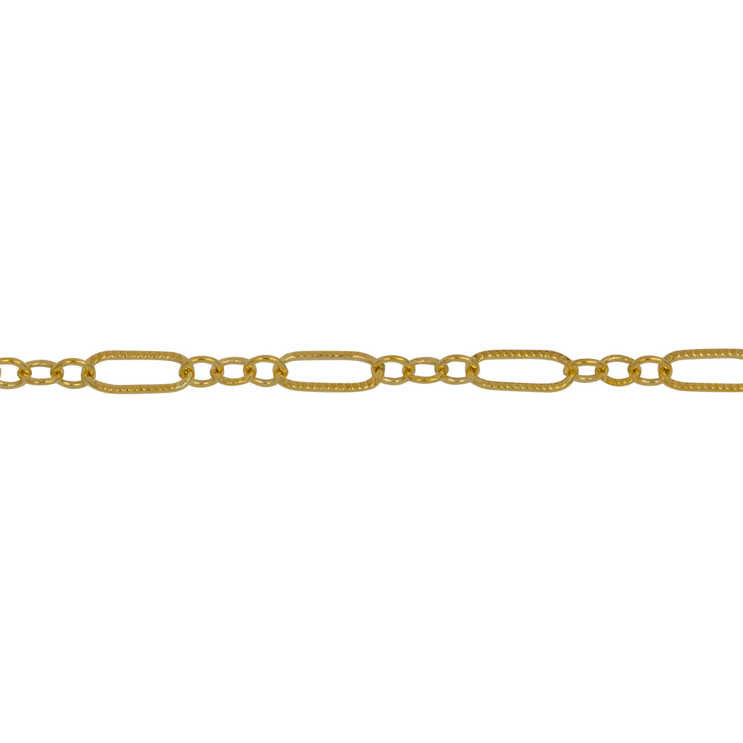 Chain by Foot. 14kt Gold Filled 2.5mm Width by 6.0mm Length Corrugated Larger Oval Link Connected to Three of 1.5mm Width by 2.0mm Length Smaller Oval Links with Middle Link being Corrugated Link, Long and Short Chain. Price per: 1 Foot.