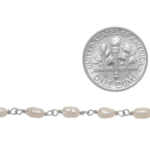 Brass Silver Plated 4.0mm Width by 5.0mm Length, Natural Fresh Water Rice Pearl, Pearl Chain. Price per: 1 Inch.