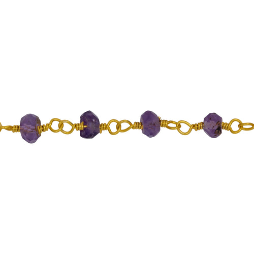 Chain by Foot. Brass Gold Plated / Vermeil 2.5mm to 3.5mm Width / Length Natural Hand Cut Amethyst Gem Stone Chain. Price per: 1 Inch.