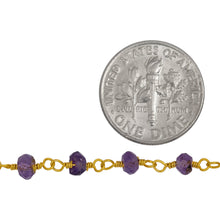 Load image into Gallery viewer, Brass Gold Plated / Vermeil 2.5mm to 3.5mm Width / Length Natural Hand Cut Amethyst Gem Stone Chain. Price per: 1 Inch.
