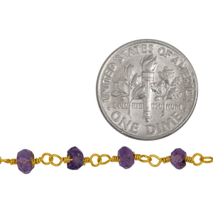 Brass Gold Plated / Vermeil 2.5mm to 3.5mm Width / Length Natural Hand Cut Amethyst Gem Stone Chain. Price per: 1 Inch.