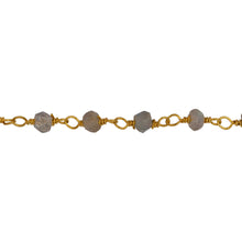 Load image into Gallery viewer, Chain by Foot. Brass Gold Plated 3.35mm Width by 2.42mm Length Natural Hand Cut Labradorite Stone, Gem Stone Chain. Price per: 1 Inch.
