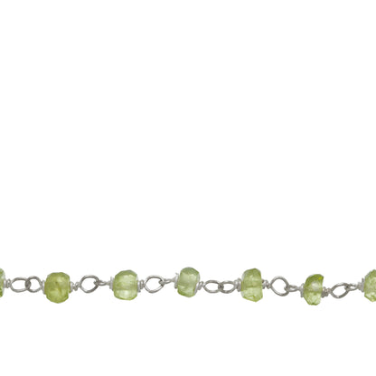 Chain by Foot. Brass Silver Plated 3.0mm Width / Length Natural Hand Cut Green Peridot Gem Stone Chain. Price per: 1 Inch.