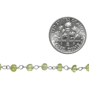 Brass Silver Plated 3.0mm Width / Length Natural Hand Cut Green Peridot Gem Stone Chain. Price per: 1 Inch.