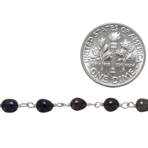 Brass Silver Plated 3.0mm by 5.0mm Width / Length Natural Fresh Water Black Potato Pearl Chain. Price per: 1 Inch.