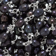 Load image into Gallery viewer, Brass Silver Plated 3.0mm by 5.0mm Width / Length Natural Fresh Water Black Potato Pearl Chain. Price per: 1 Inch.
